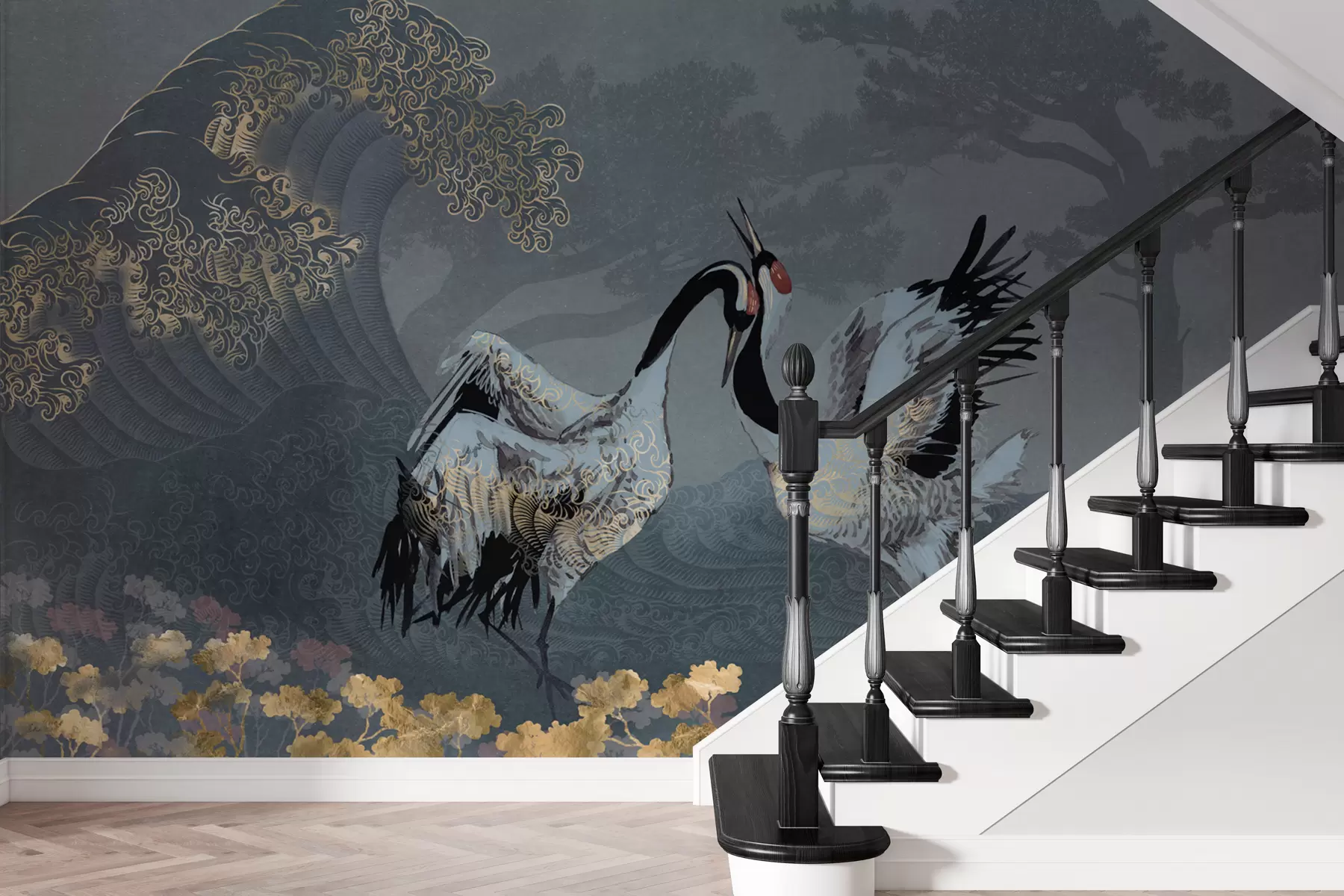 wall murals Cranes, trees and waves with Chinese style elements w02747
