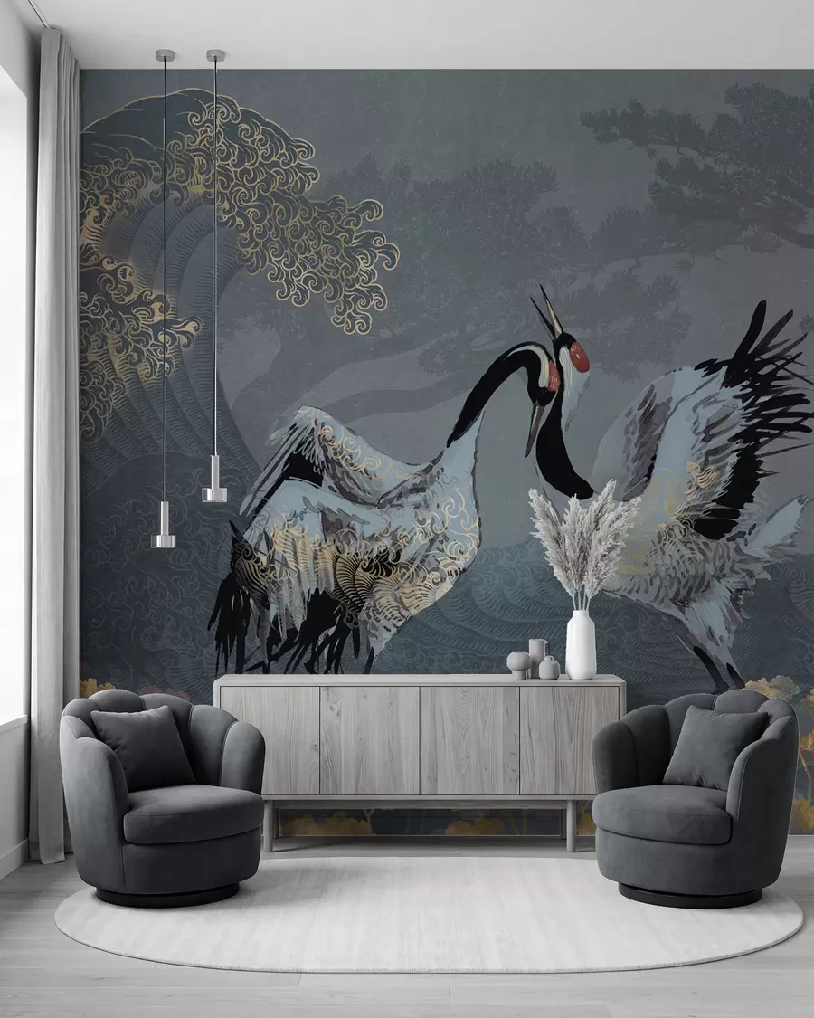 wall murals Cranes, trees and waves with Chinese style elements w02747