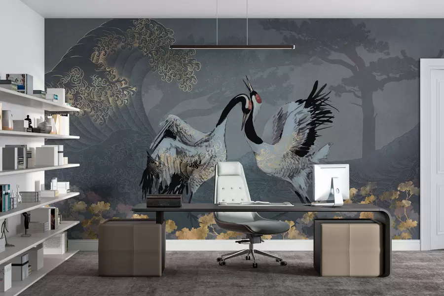 wall murals Cranes, trees and waves with Chinese style elements w02747
