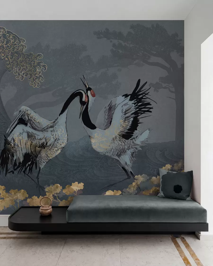 wall murals Cranes, trees and waves with Chinese style elements w02747