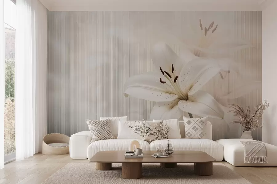 wall murals Delicate beige lilies on a background of vertical stripes w08676