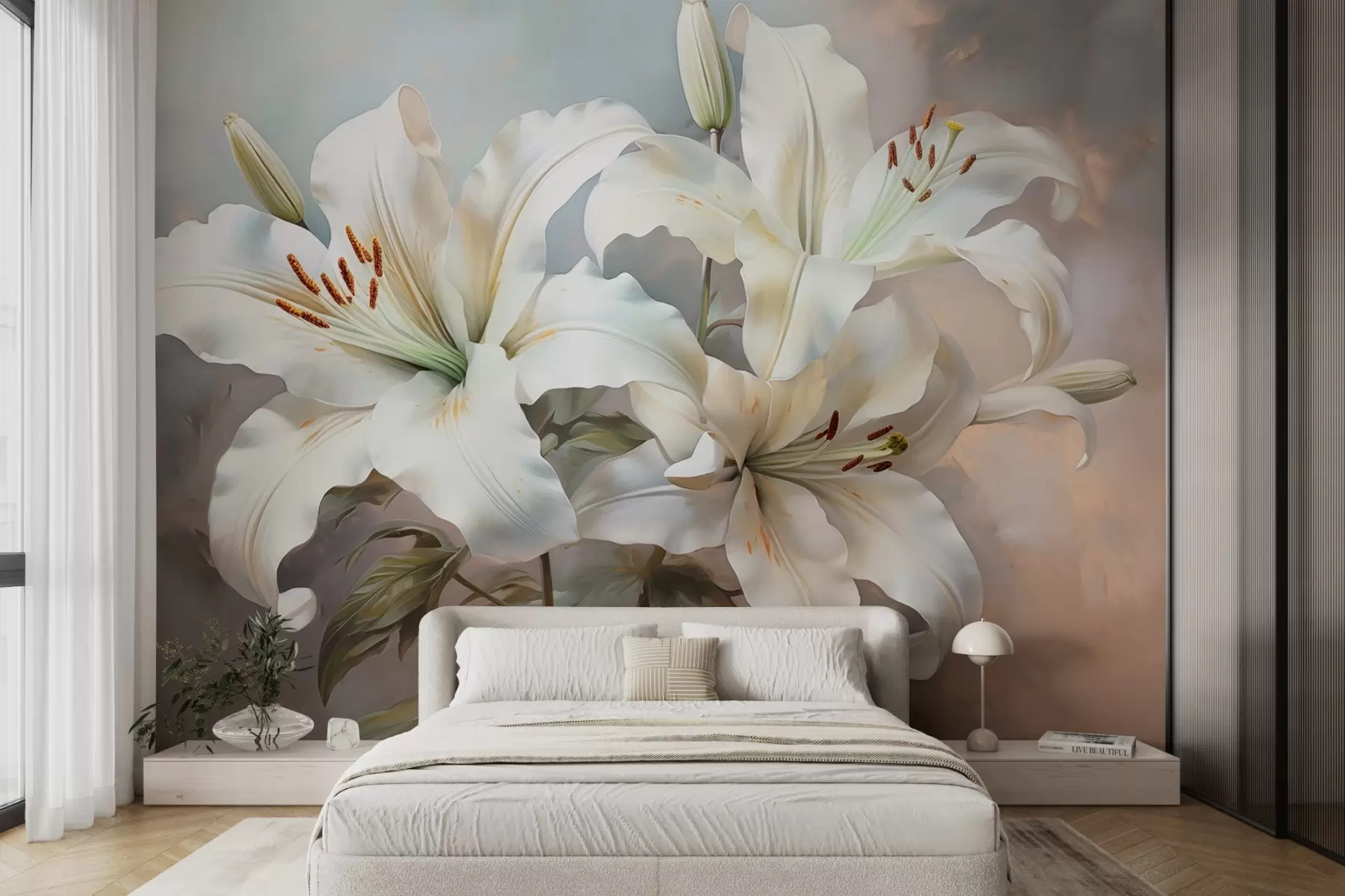 wall murals Elegant white lilies in pastel tones with a texture imitating brushstrokes w08678