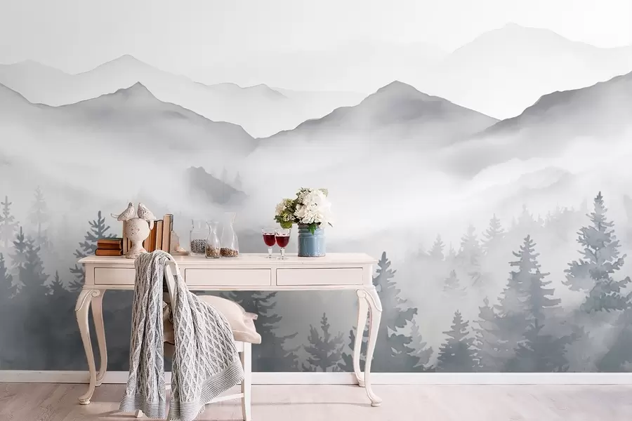 wall murals Serene mountain landscape with misty forests in soft gray and blue tones w08680