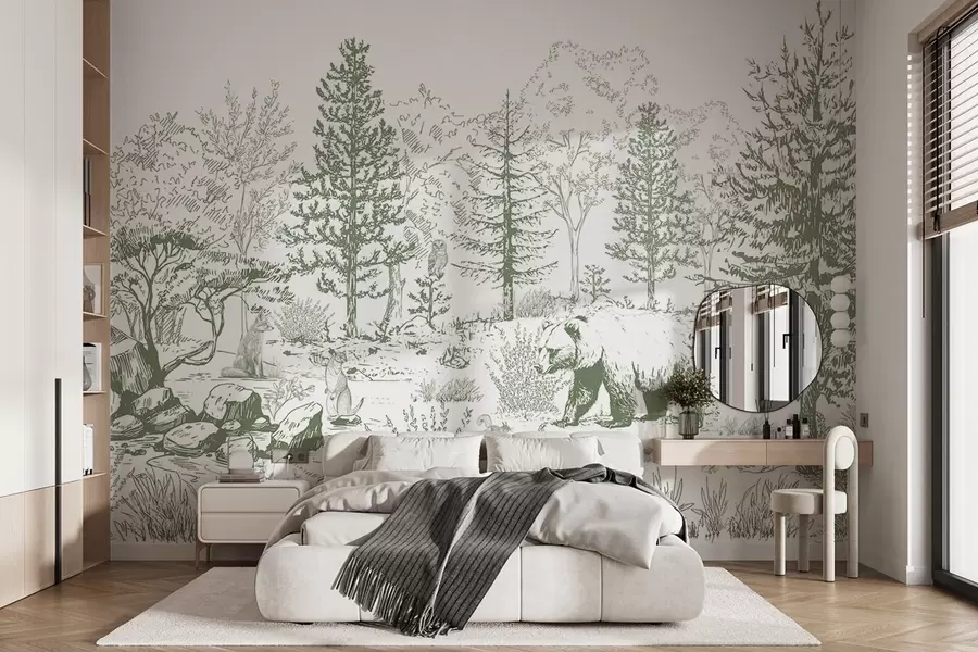 wall murals Forest life, trees, wild animals, bear, fox, owl, bushes, pencil style drawing, green colors w02929v2
