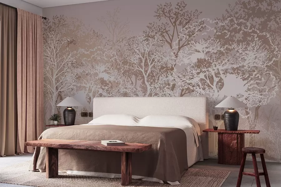 wall murals Trees in the forest, minimalism, nature, beige color palette w02930