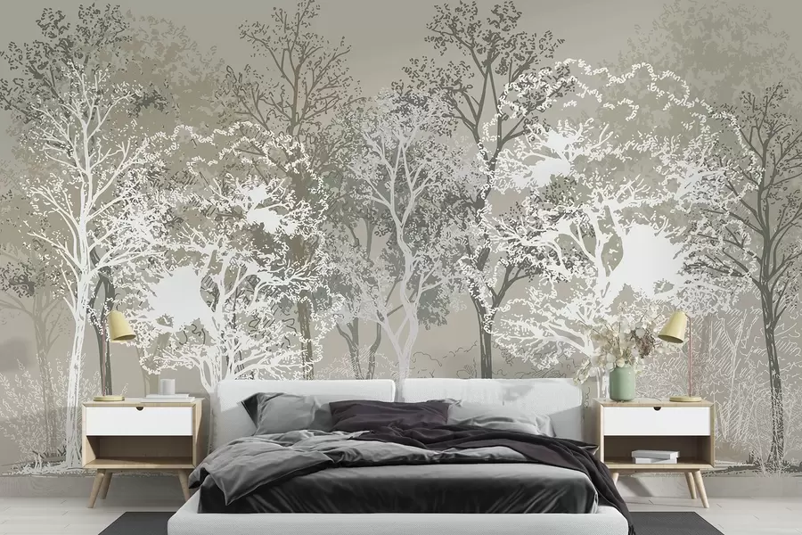 wall murals Trees in the forest, minimalism, nature, green color palette w02930v1