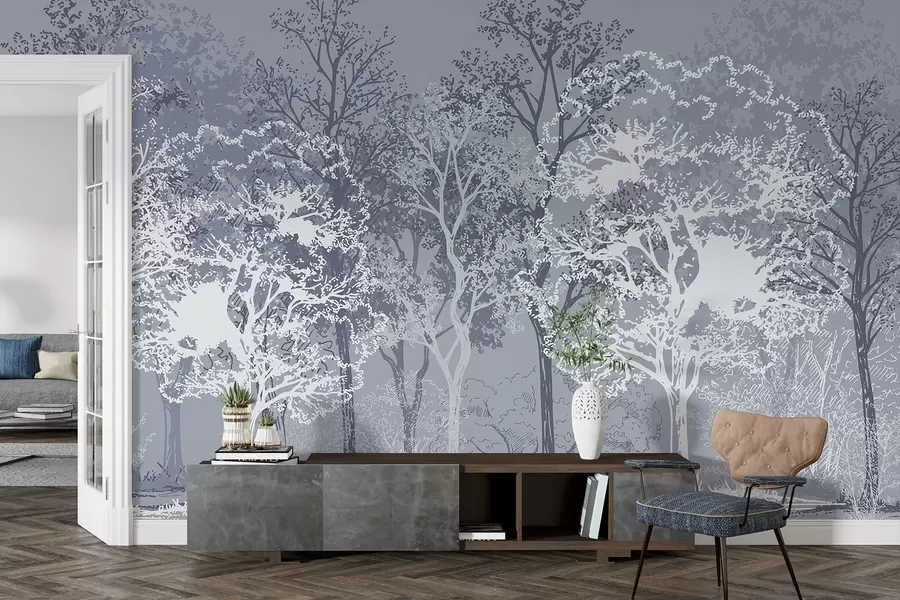 wall murals Trees in the forest, minimalism, nature, blue color palette w02930v2
