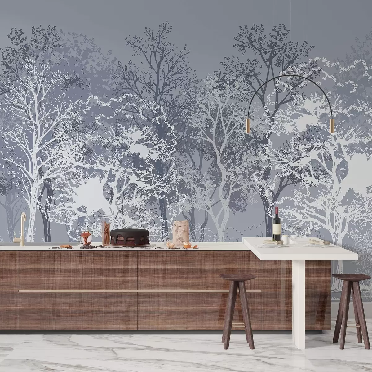 wall murals Trees in the forest, minimalism, nature, blue color palette w02930v2
