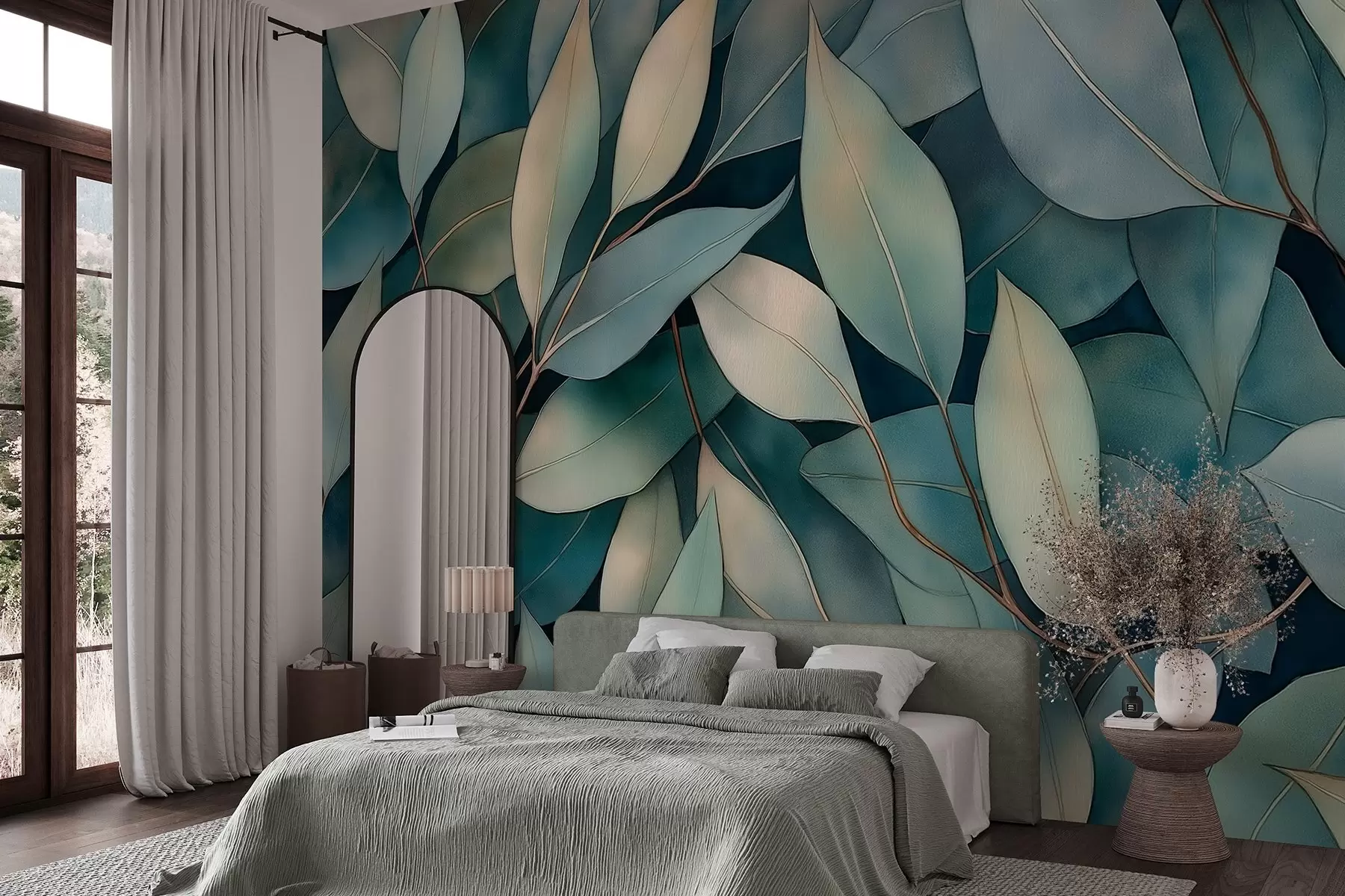 wall murals Eucalyptus leaves, watercolor style drawing, floral pattern, green colors w02931