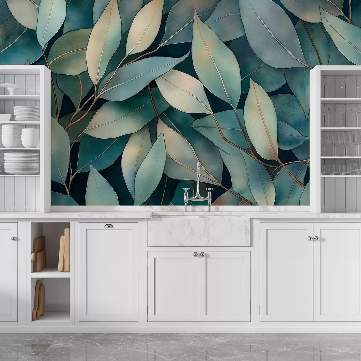 wall murals Eucalyptus leaves, watercolor style drawing, floral pattern, green colors w02931