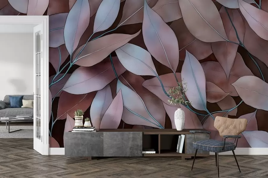 wall murals Eucalyptus leaves, watercolor style drawing, floral pattern, brown colors w02931v1