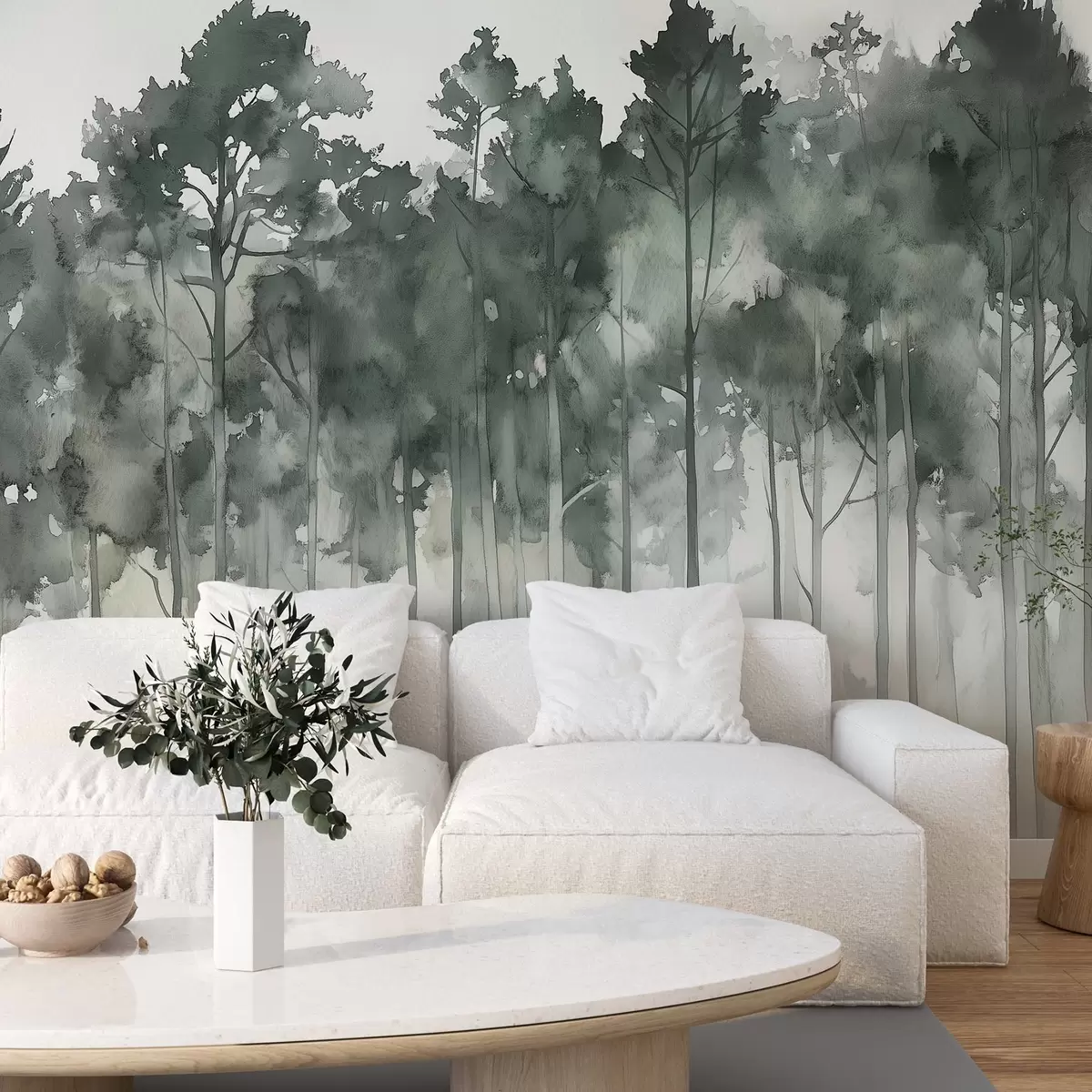 wall murals Watercolor style forest, pine trees, nature landscape, green colors w02937