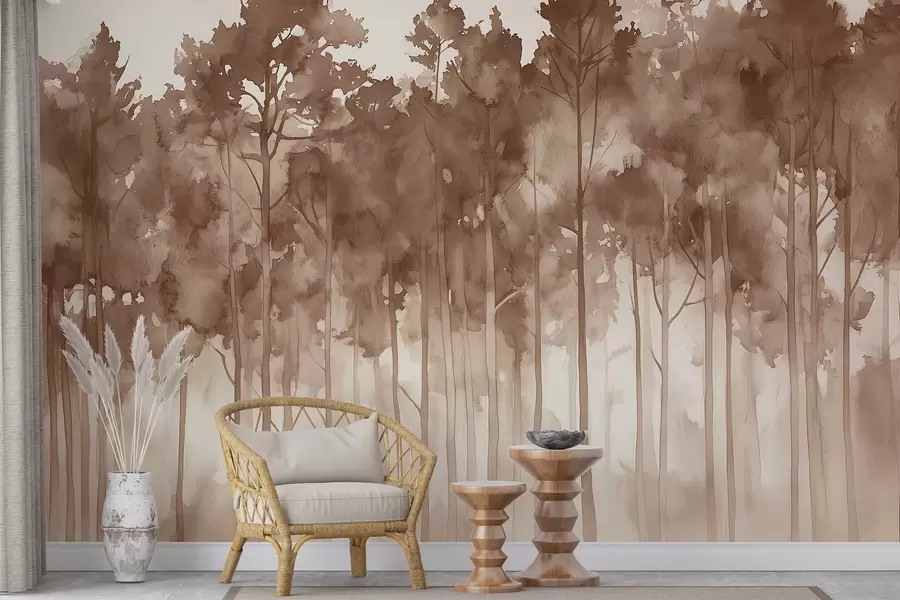 wall murals Watercolor style forest, pine trees, nature landscape, beige colors w02937v1