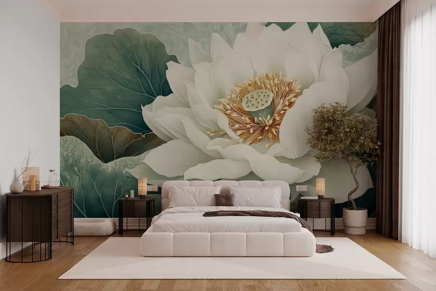 wall murals Large water lily against a background of leaves w02905