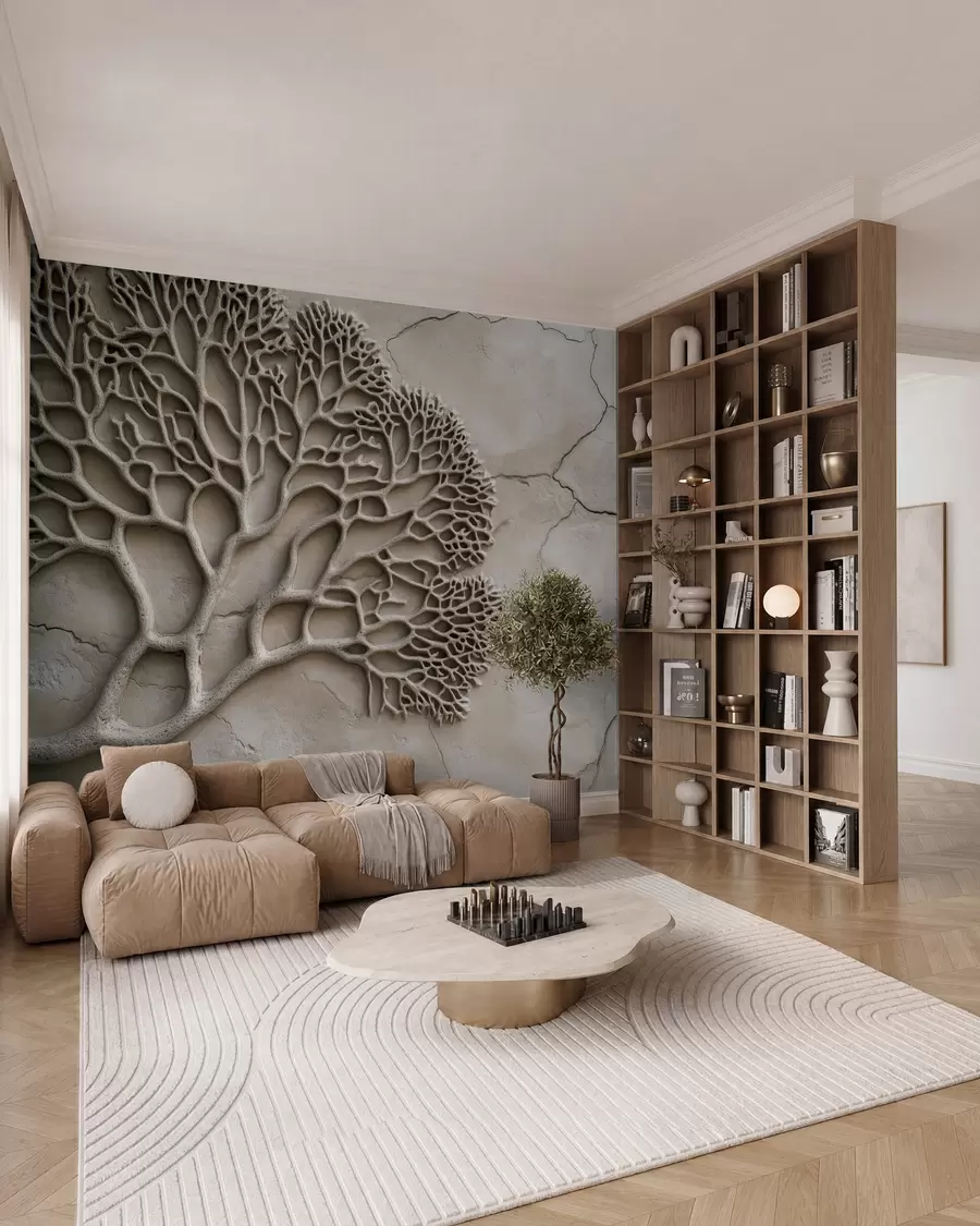 wall murals Wallpaper in relief style with wood and cracks w02908