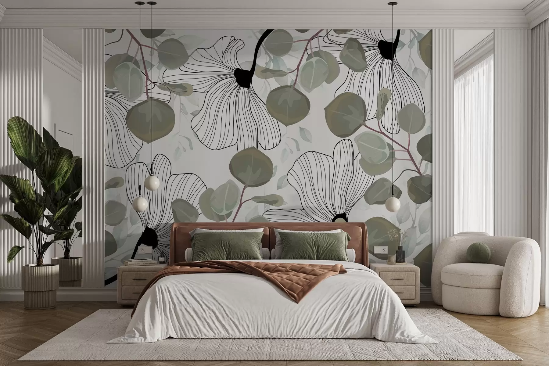 wall murals Composition of white flowers and green leaves w02955