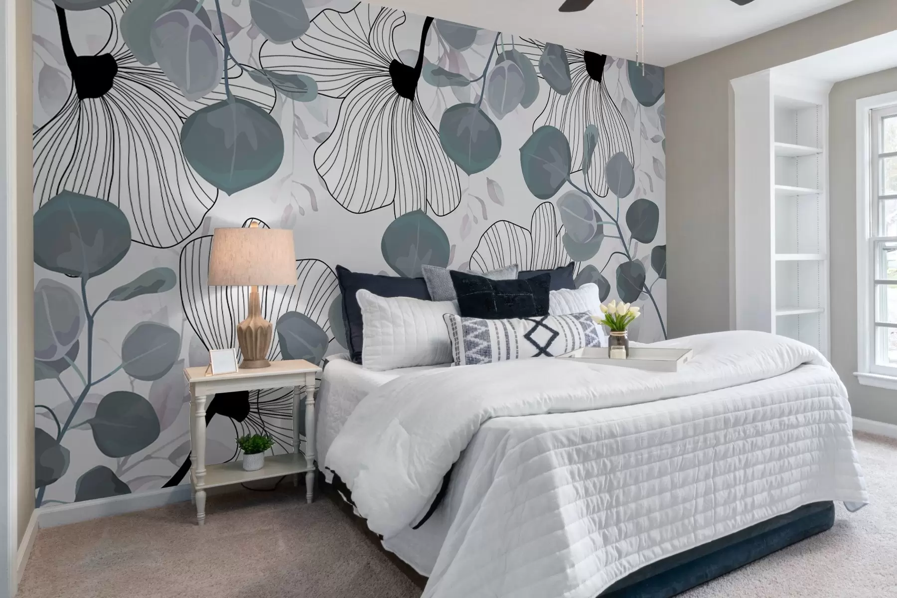 wall murals Arrangement of white flowers and blue leaves w02955v1