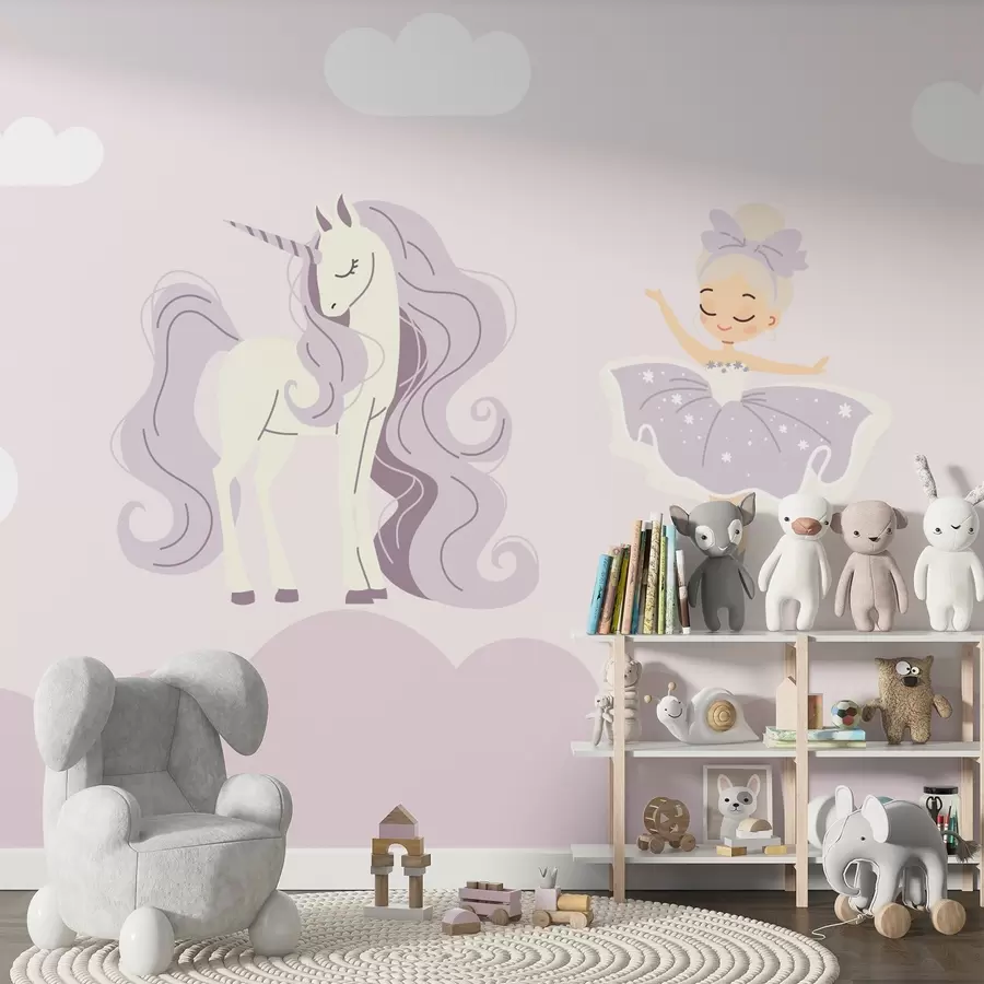 wall murals Unicorn and ballerina in pink colors w02965v1