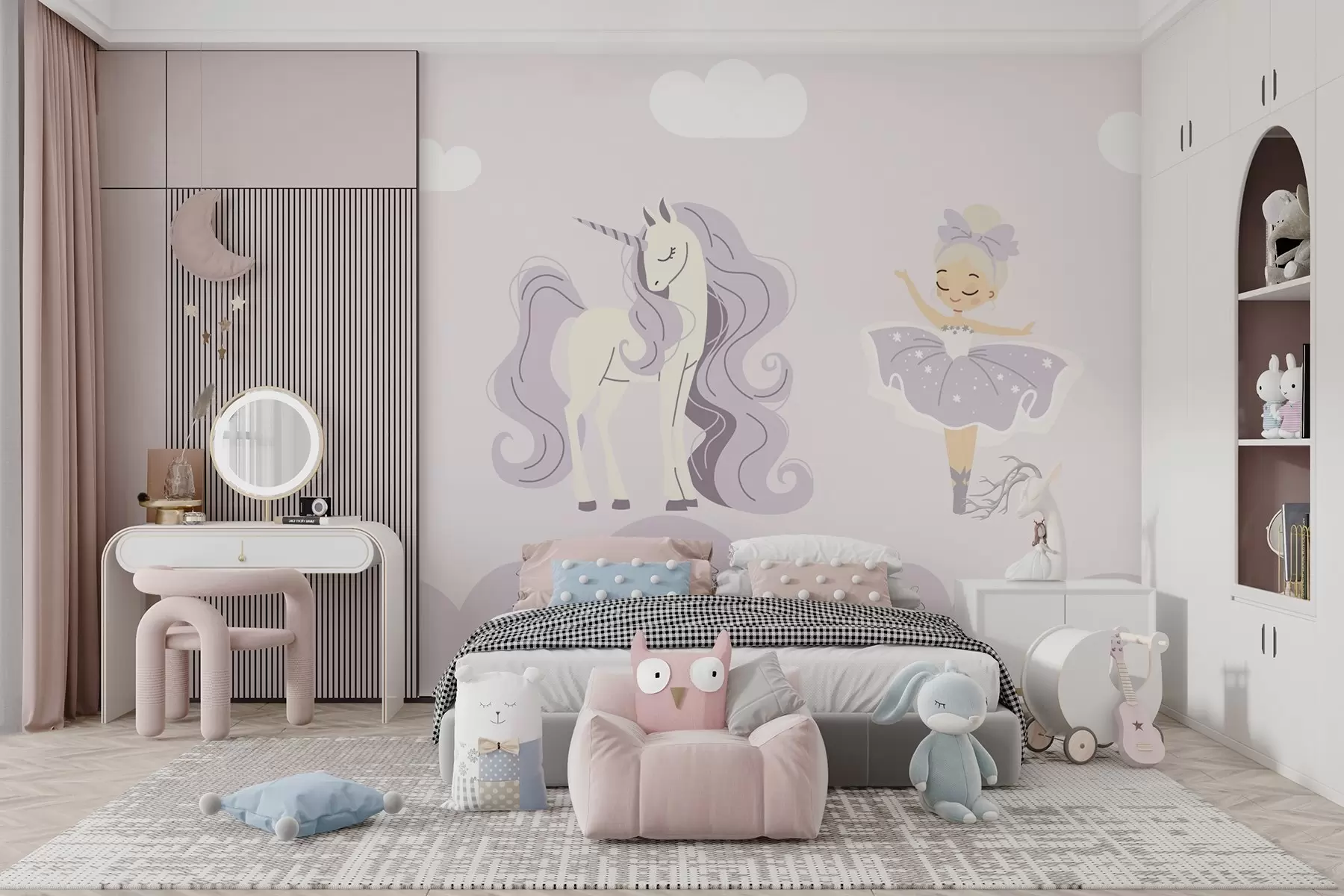 wall murals Unicorn and ballerina in pink colors w02965v1
