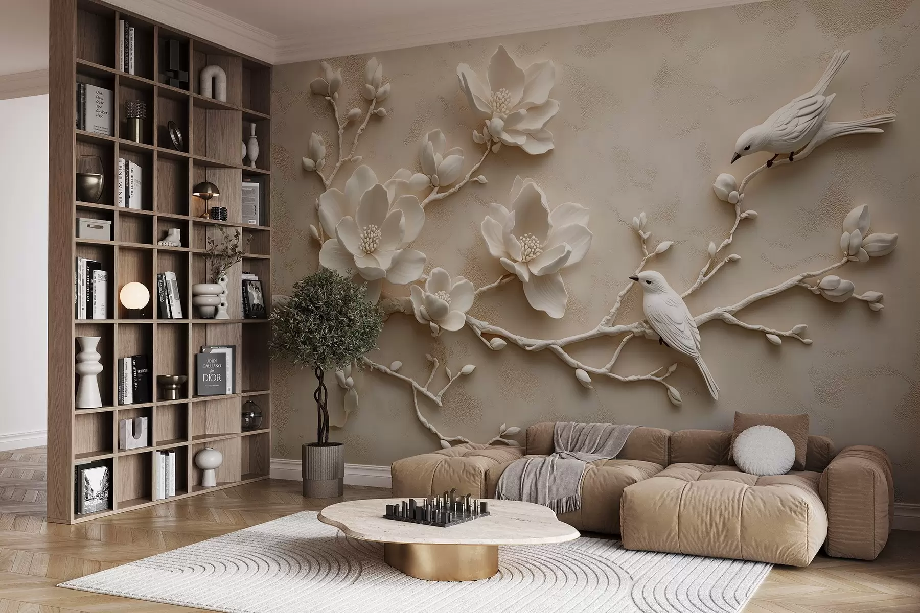 wall murals 3D magnolia branches with birds on them w08690