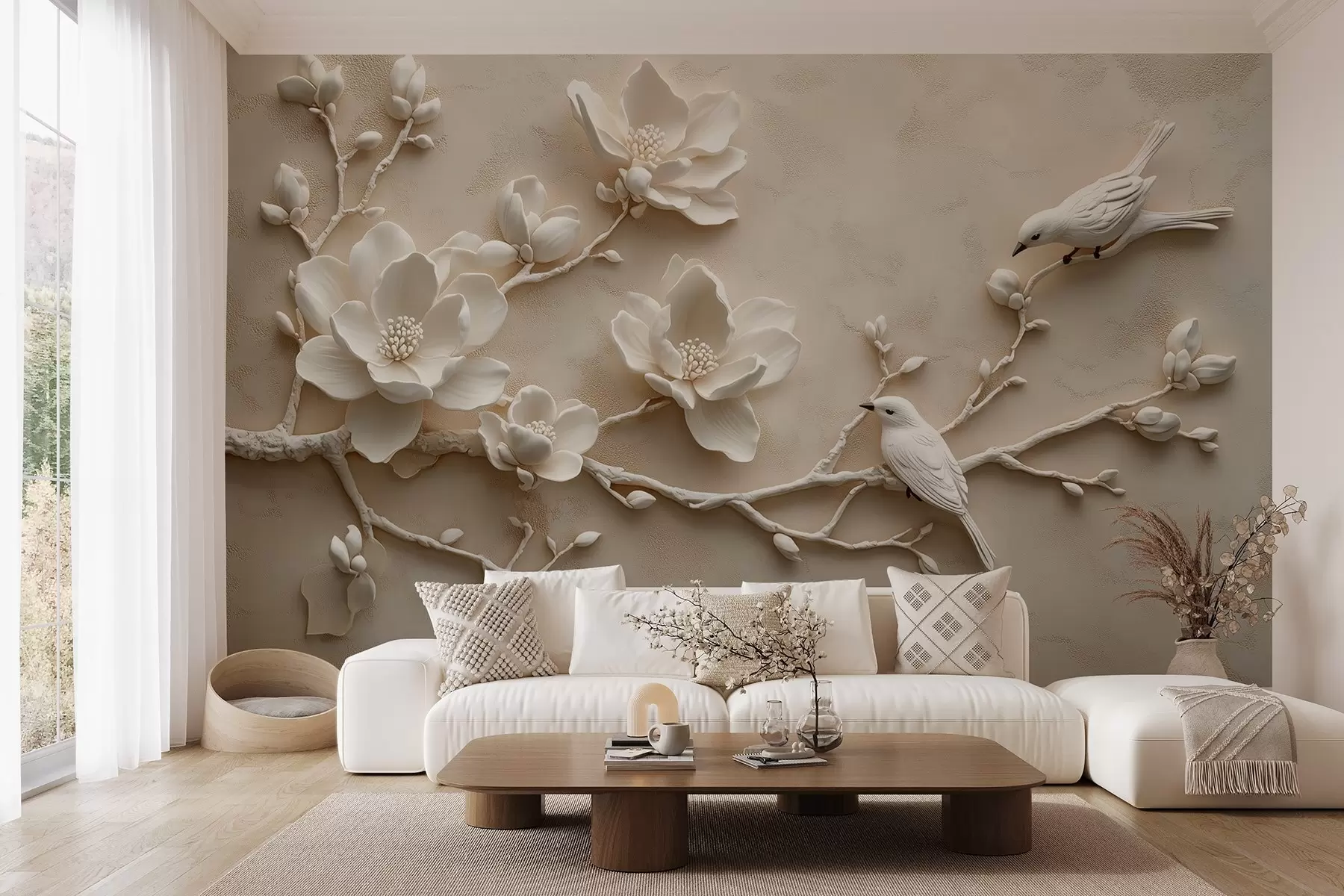 wall murals 3D magnolia branches with birds on them w08690