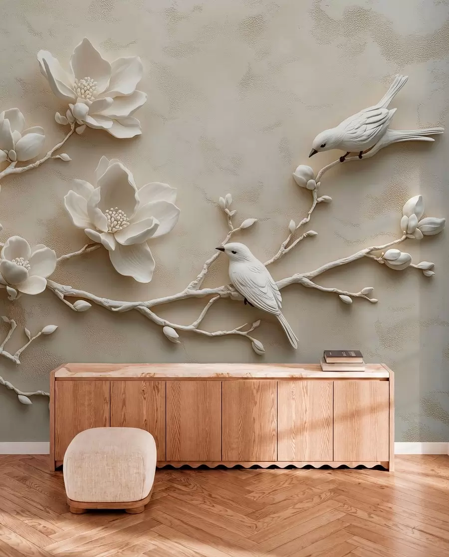 wall murals 3D magnolia branches with birds on them w08690