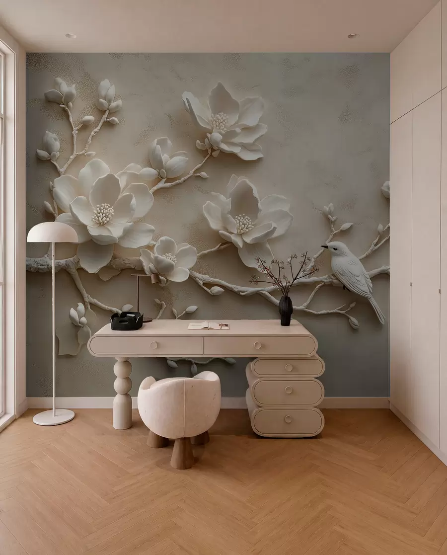 wall murals 3D magnolia branches with birds on them w08690