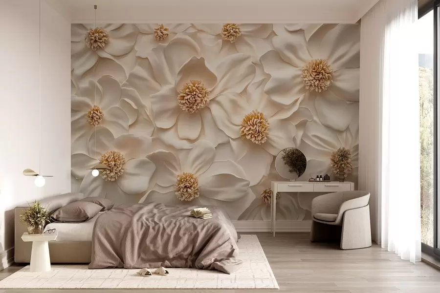 wall murals 3D beige floral composition with yellow accents w08691