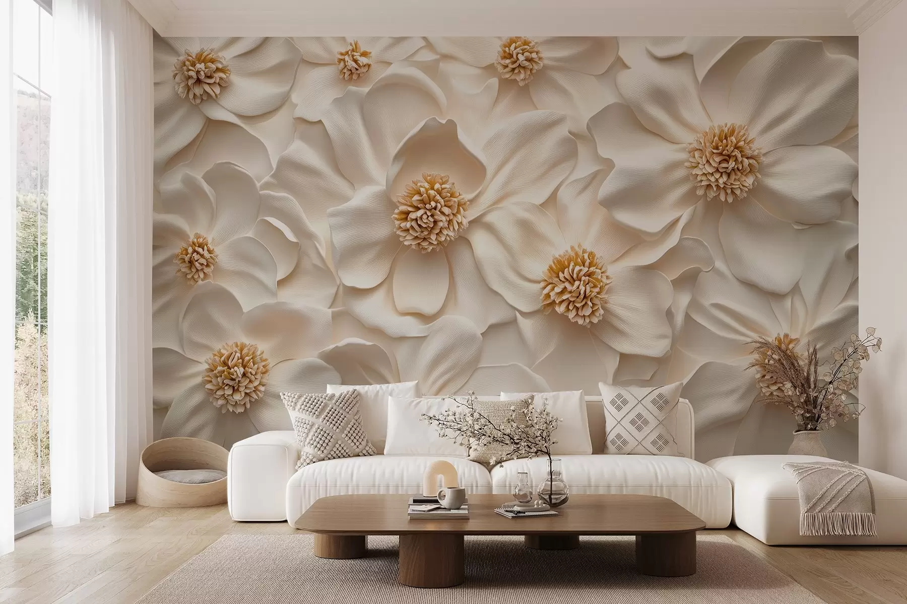 wall murals 3D beige floral composition with yellow accents w08691