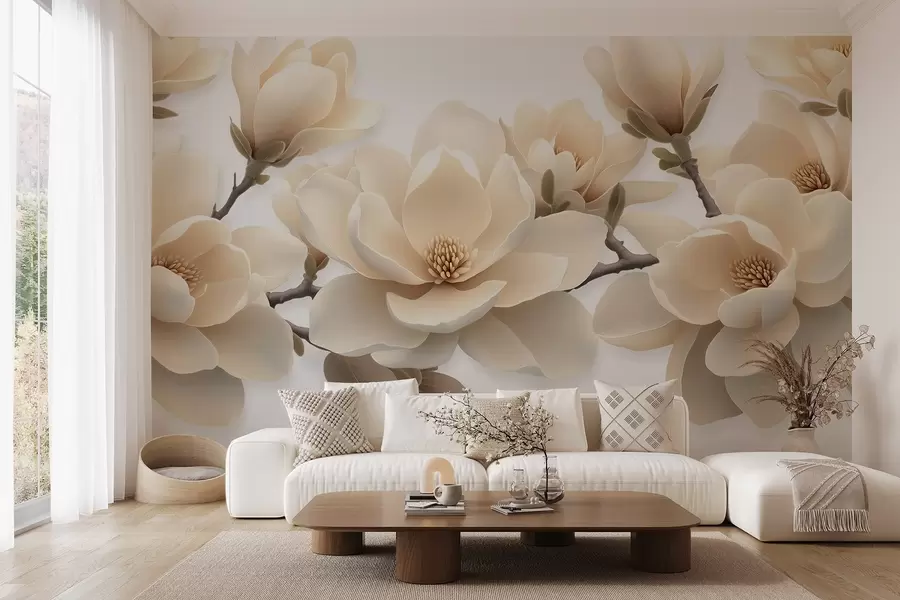 wall murals Beige blooming magnolia flowers in a creamy tone on a white background w08692