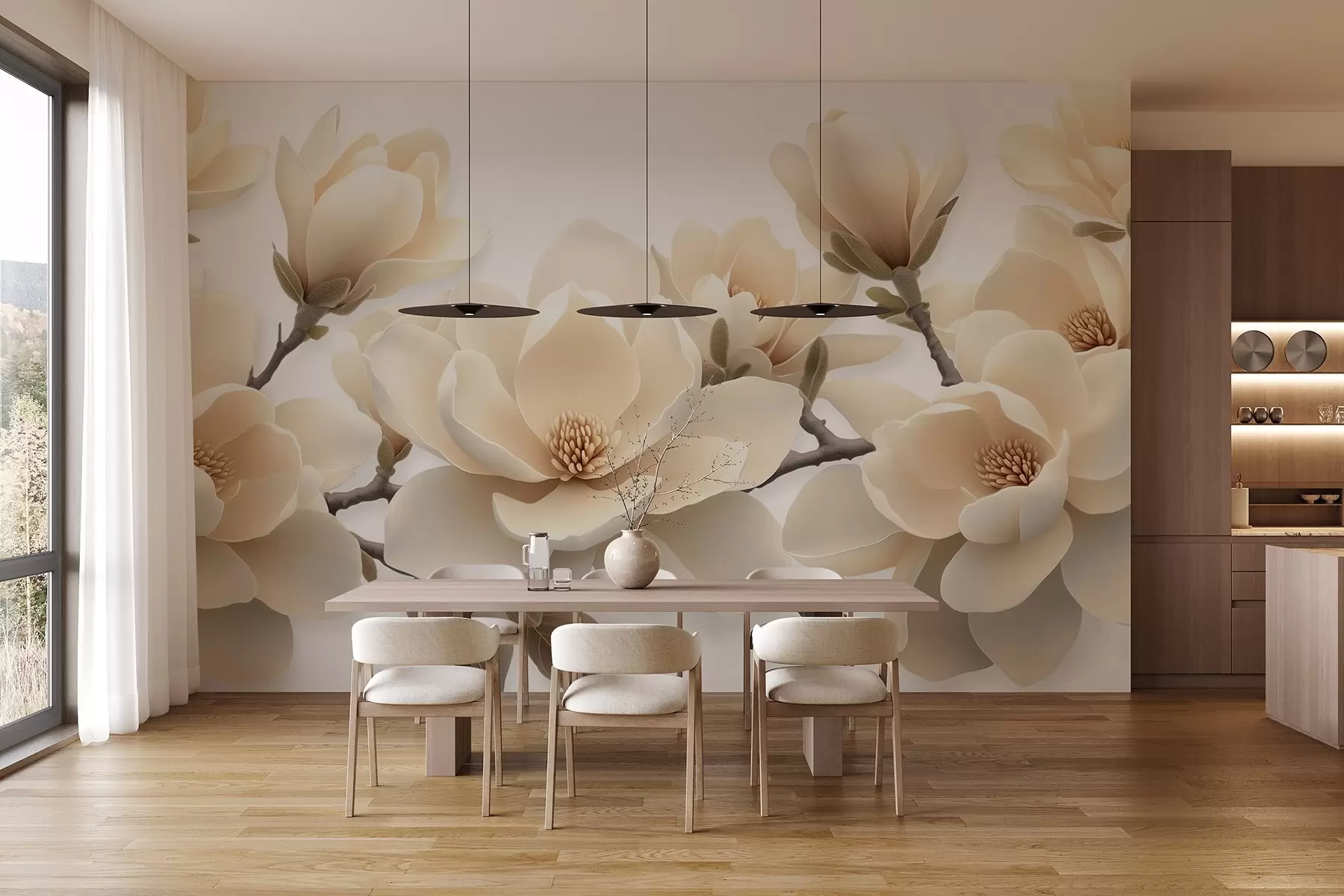 wall murals Beige blooming magnolia flowers in a creamy tone on a white background w08692