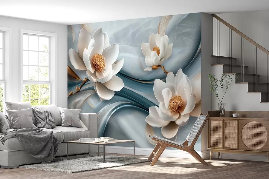 wall murals Magnolia flowers combined with blue, white, and yellow tones with abstract waves w08695