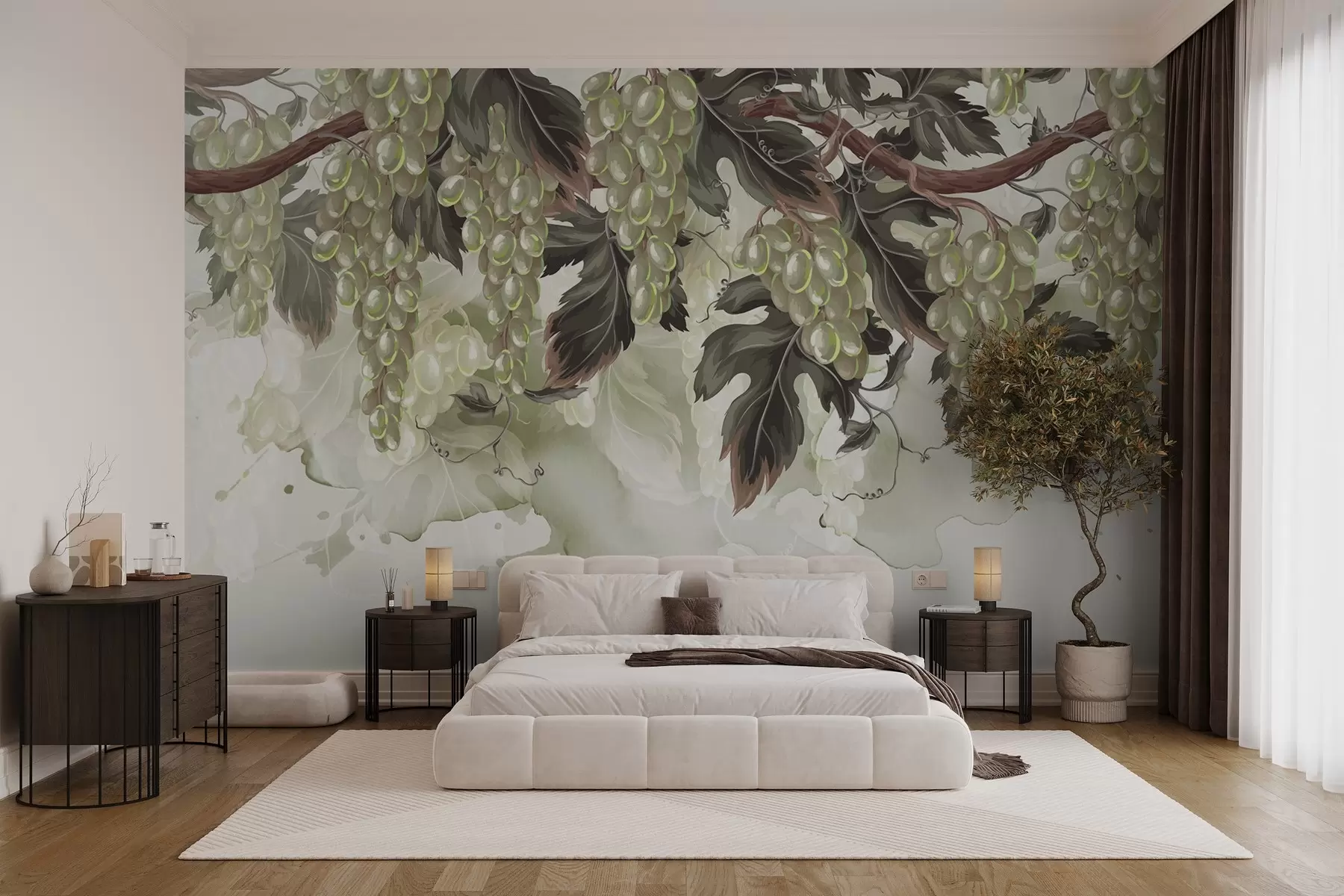 wall murals Grapes hanging from a vine with green leaves, against a light-colored background with watercolor-like textures w08696