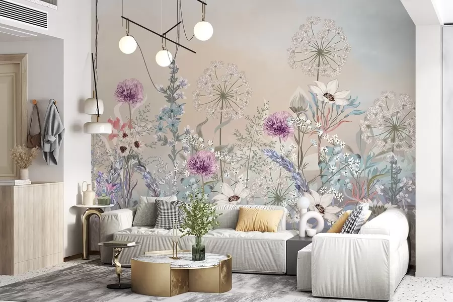 wall murals A vibrant floral garden with various flowers and grass on a soft pastel-colored gradient textured background w08699