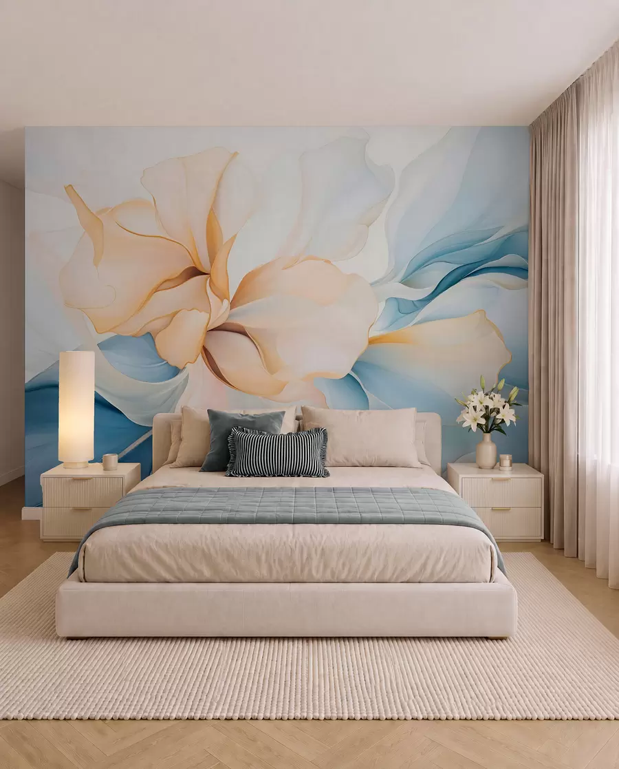 wall murals Flowing abstract floral petals translucent and layered shapes in pastel colors, in peach and blue shades w08701