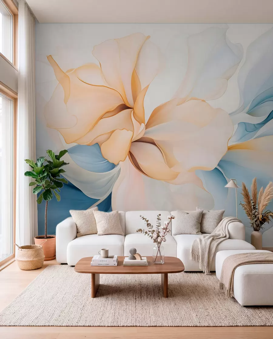 wall murals Flowing abstract floral petals translucent and layered shapes in pastel colors, in peach and blue shades w08701