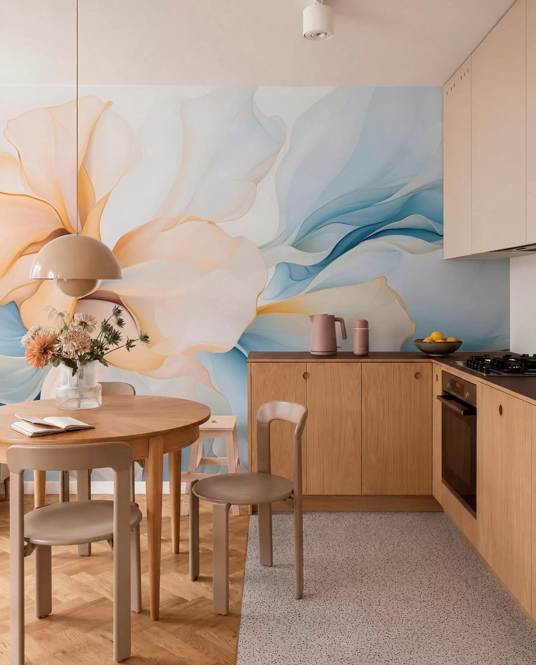 wall murals Flowing abstract floral petals translucent and layered shapes in pastel colors, in peach and blue shades w08701