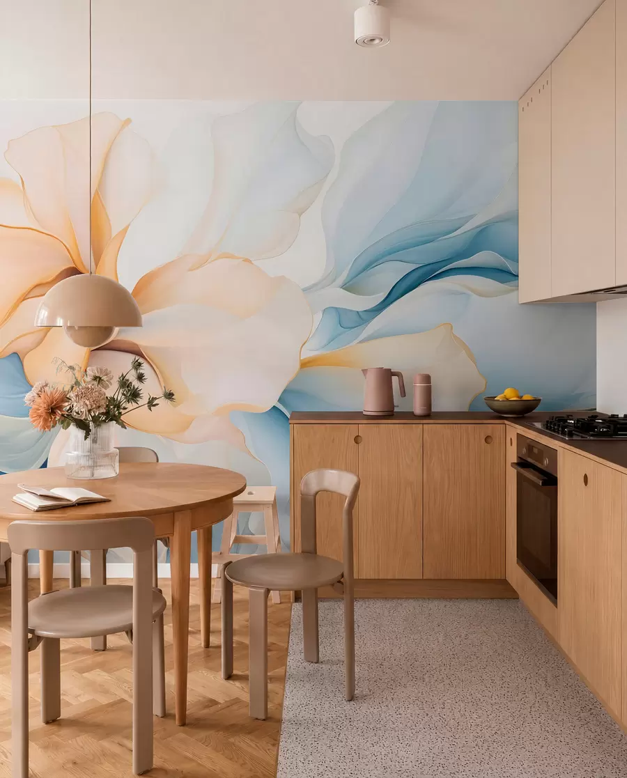 wall murals Flowing abstract floral petals translucent and layered shapes in pastel colors, in peach and blue shades w08701