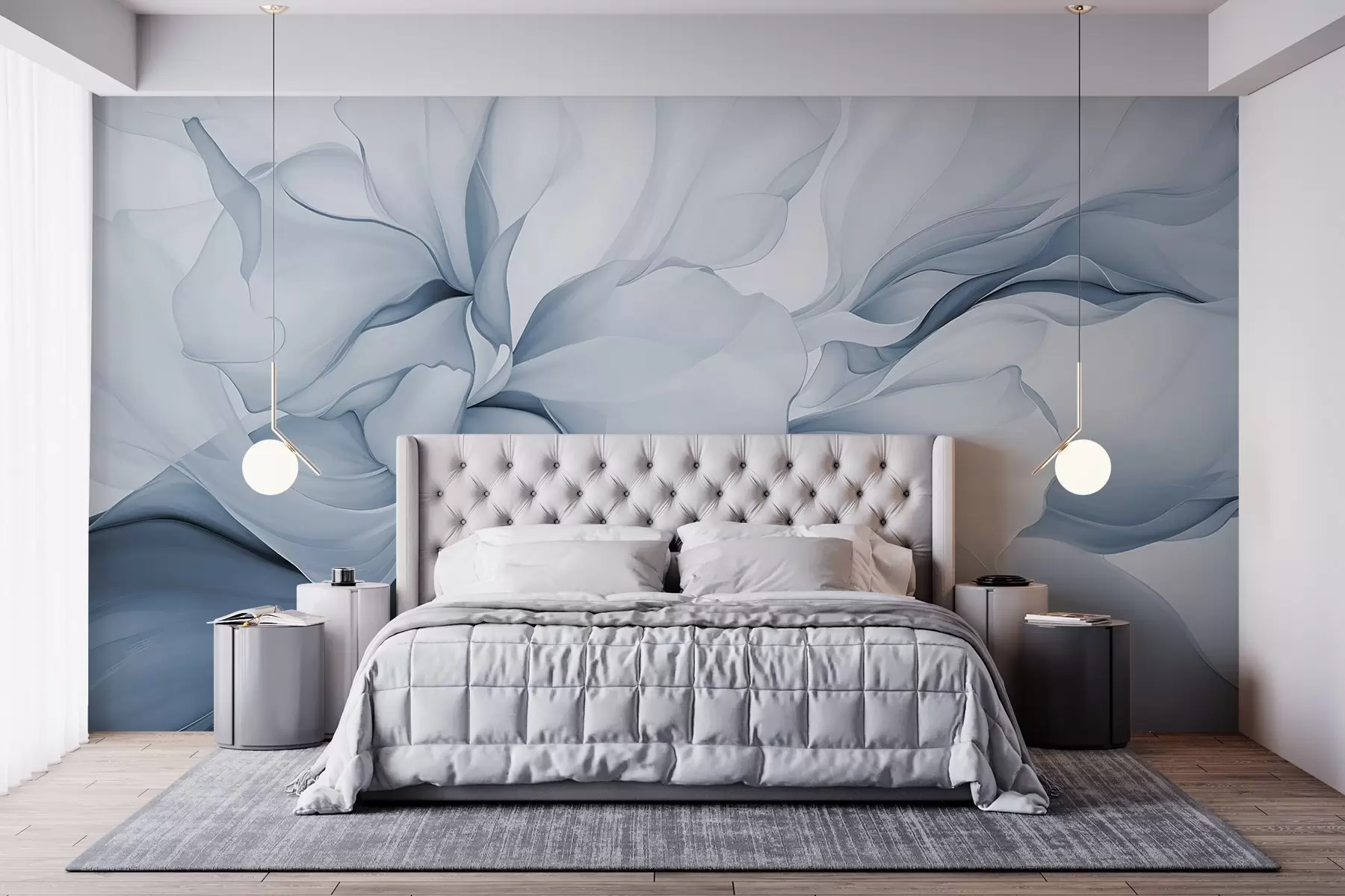 wall murals Flowing abstract floral petals translucent and layered shapes in pastel colors, in blue shades w08701v2