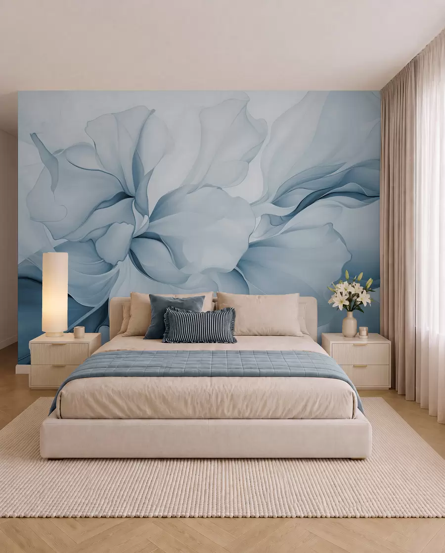 wall murals Flowing abstract floral petals translucent and layered shapes in pastel colors, in blue shades w08701v2