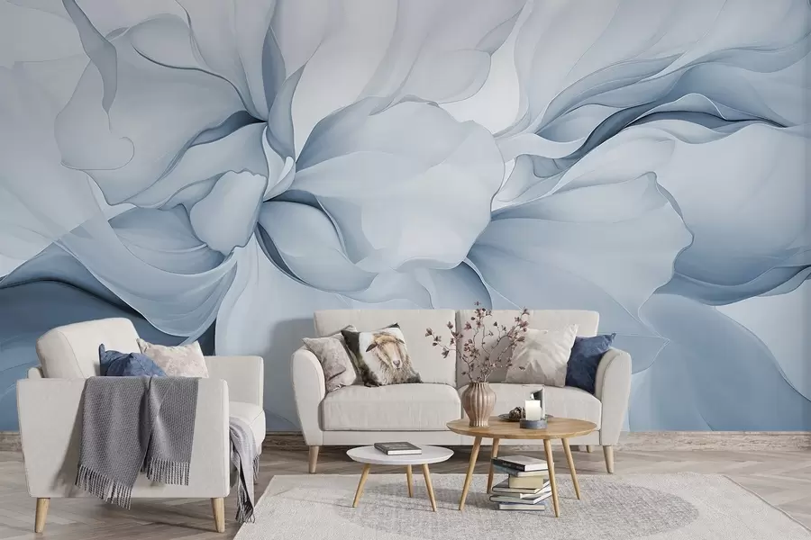 wall murals Flowing abstract floral petals translucent and layered shapes in pastel colors, in blue shades w08701v2