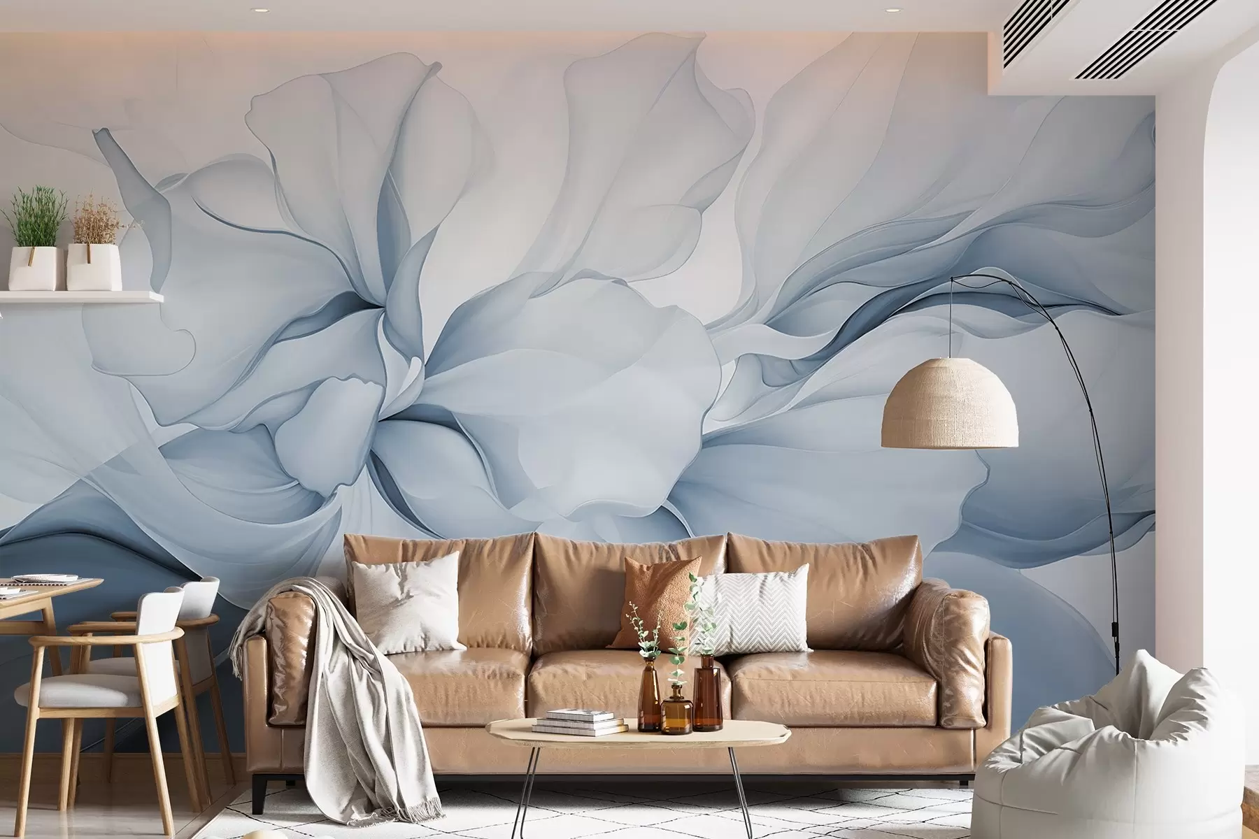 wall murals Flowing abstract floral petals translucent and layered shapes in pastel colors, in blue shades w08701v2