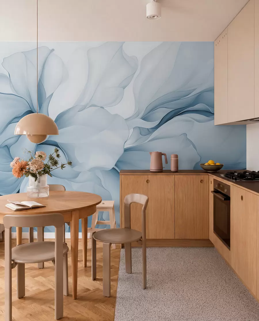 wall murals Flowing abstract floral petals translucent and layered shapes in pastel colors, in blue shades w08701v2