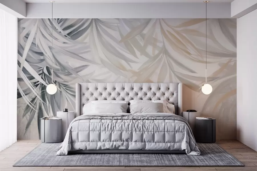 wall murals Soft, flowing light-colored tropical leaves in shades of gray and peach, blending into a pale, neutral print w08703