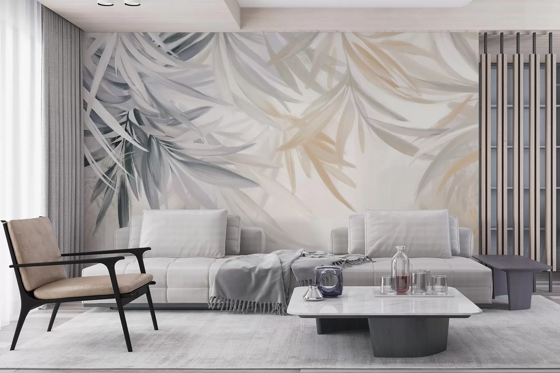 wall murals Soft, flowing light-colored tropical leaves in shades of gray and peach, blending into a pale, neutral print w08703