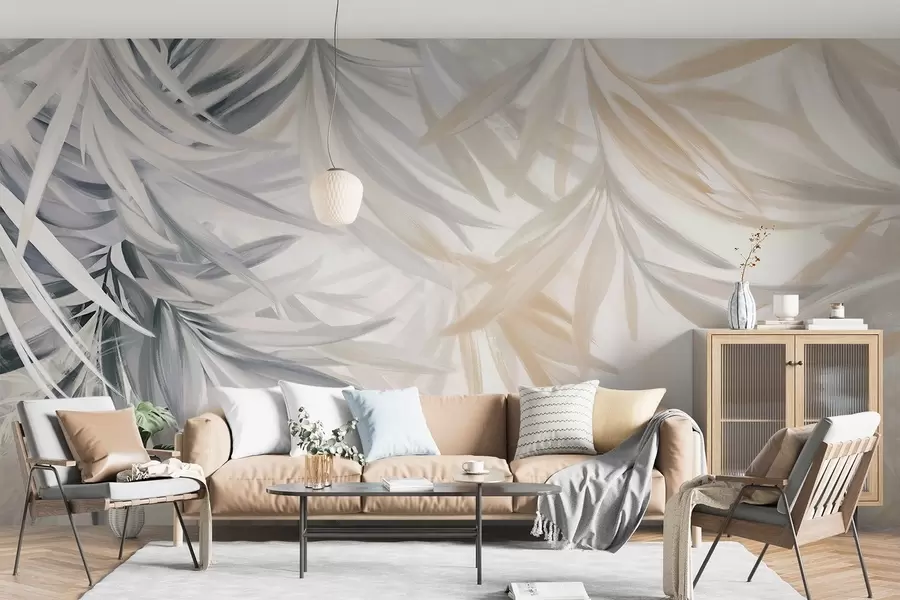 wall murals Soft, flowing light-colored tropical leaves in shades of gray and peach, blending into a pale, neutral print w08703