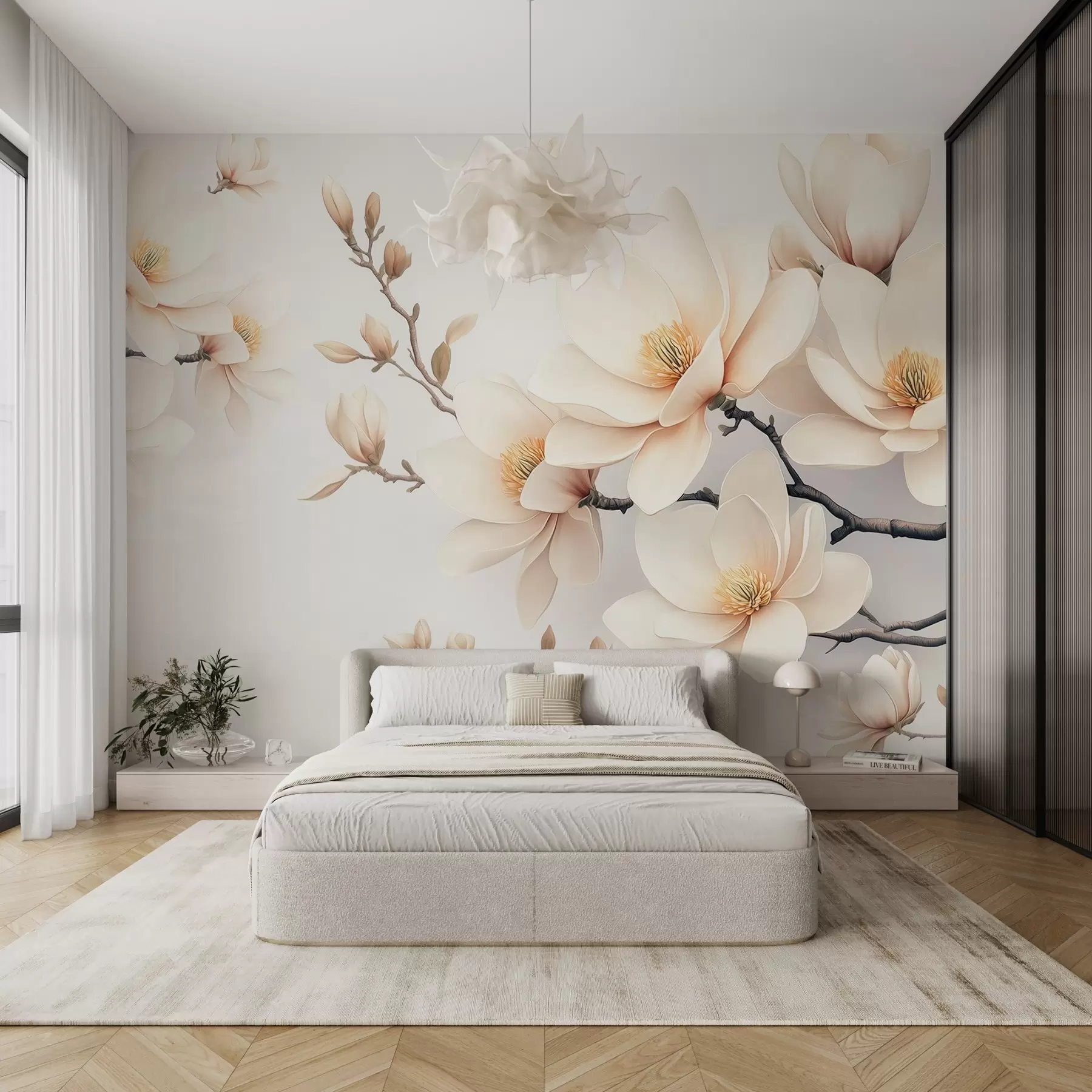 wall murals Beautiful blooming cream-colored magnolia flowers on a white background w08721