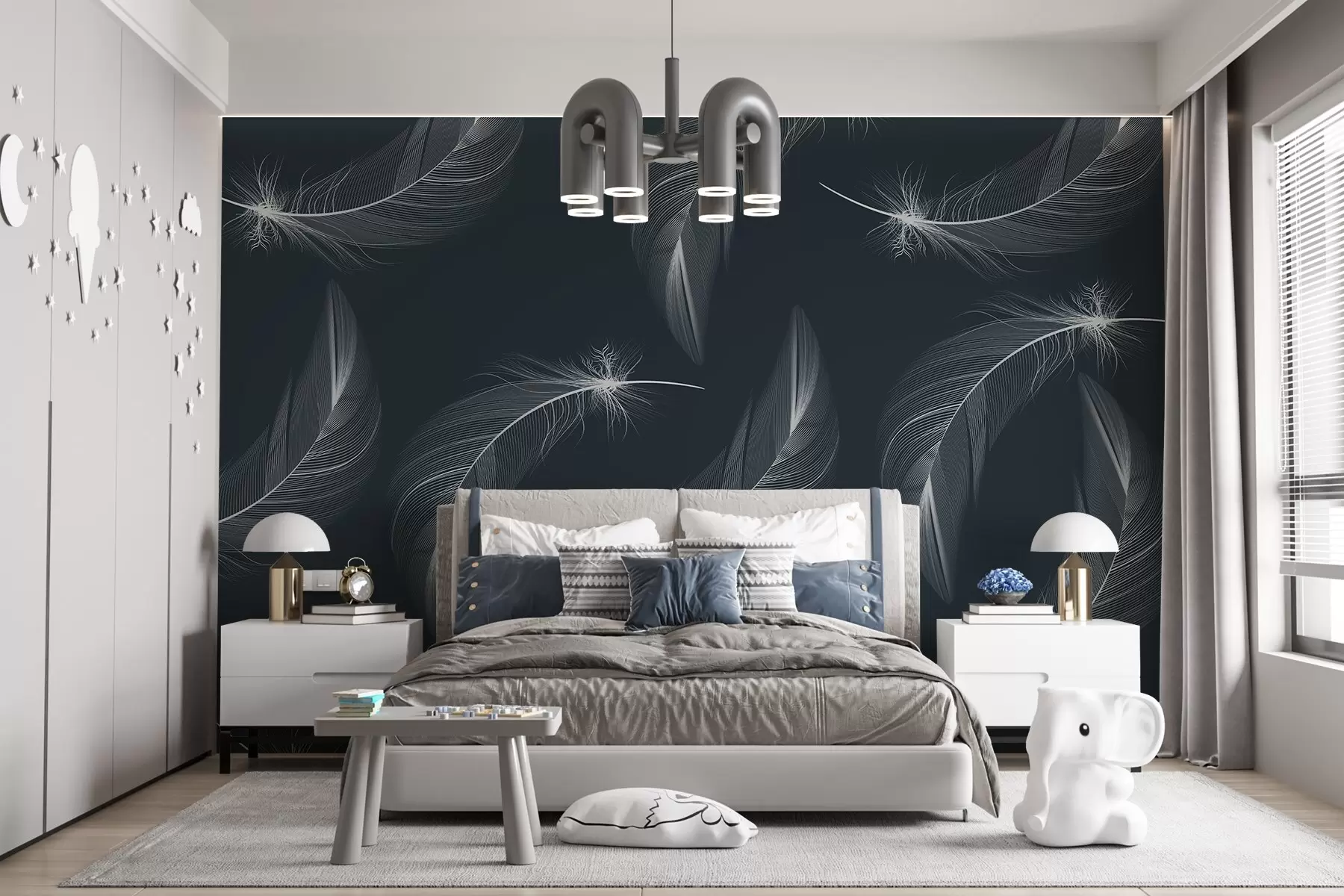 wall murals Feathers on a blue background, light white feathers w03043