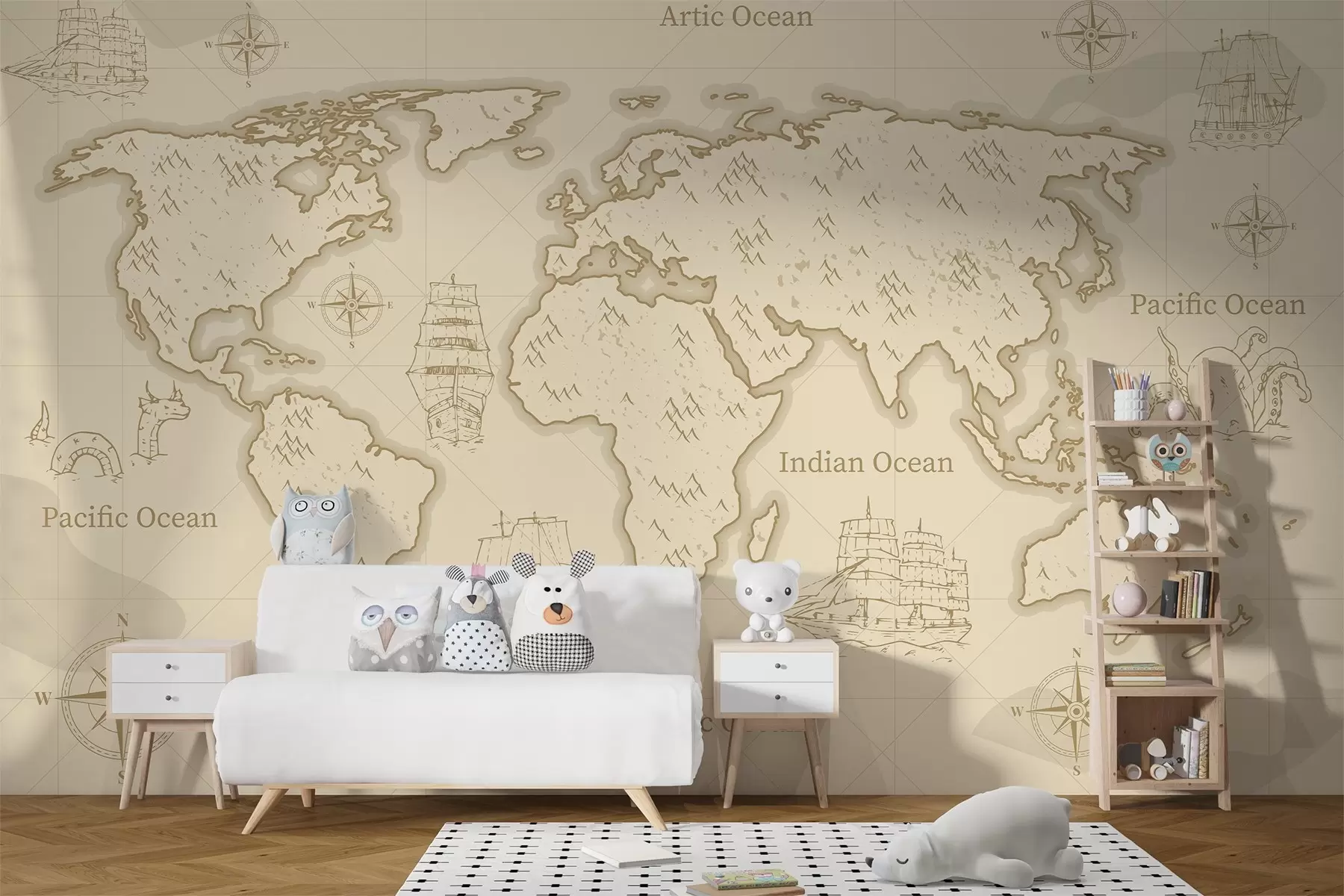wall murals World map, ships, beige background w03044
