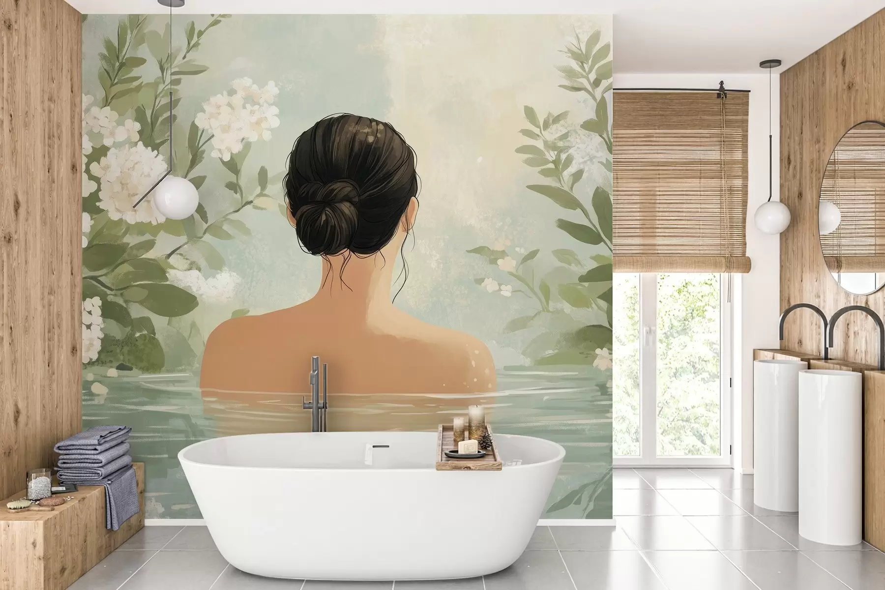 wall murals a serene and dreamy botanical illustration of a woman bathing in a calm, reflective body of water, surrounded by lush greenery and delicate white flowers w03014